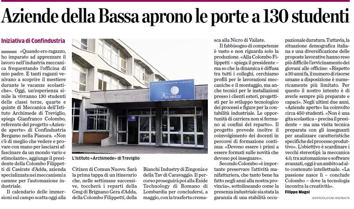 GMG SRL Hitech Officina Meccanica incontra l'Istituto Archimede di Treviglio - Collaborazione con Confindustria Bergamo  manifestazione Aziende Aperte